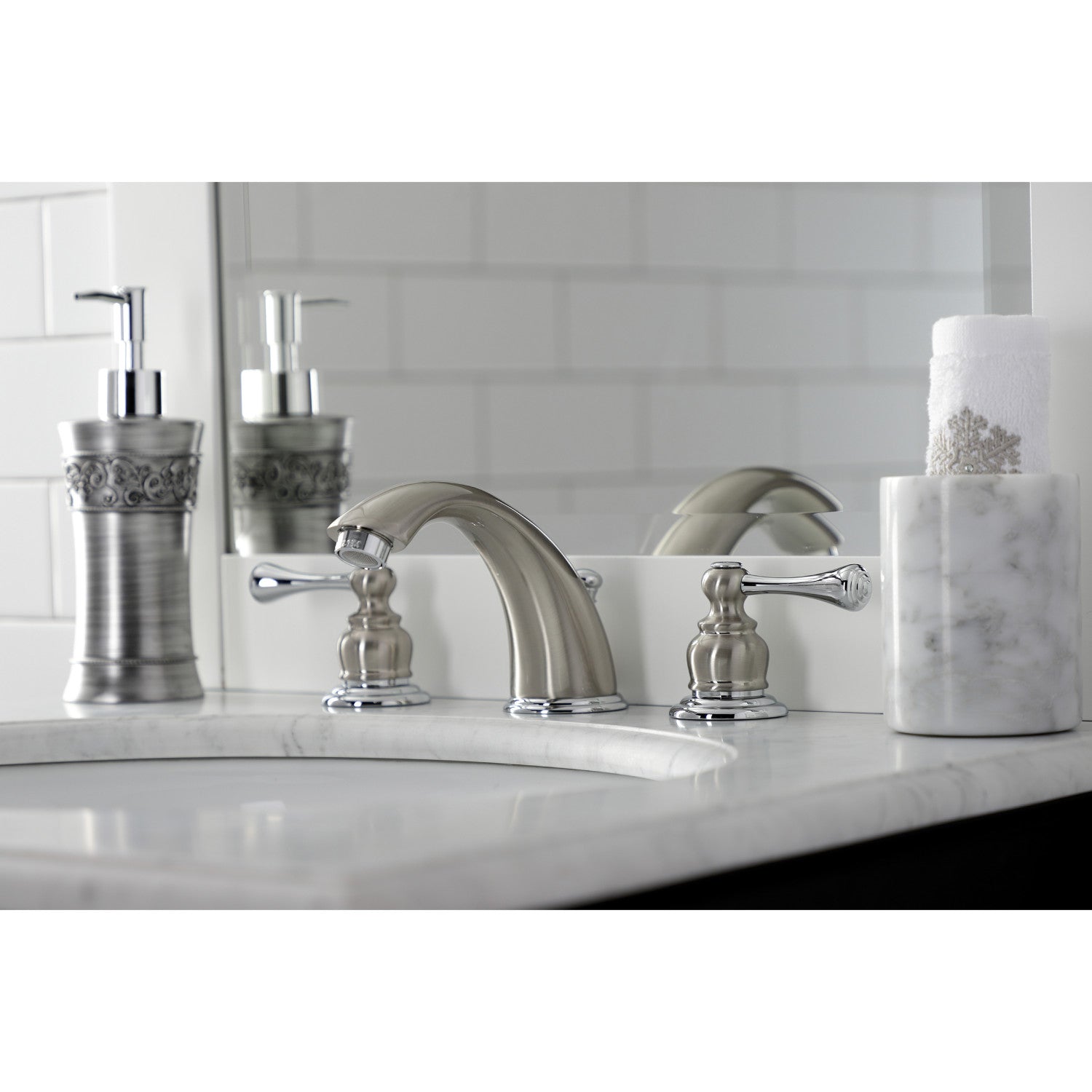 Kingston Tulare KB3977BL - Vintage Two-Handle 3-Hole Deck Mount Widespread Bathroom Faucet with Pop-Up Drain, Brushed Nickel/Polished Chrome — thumbnail 3